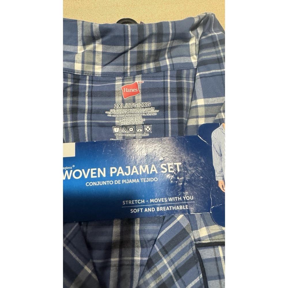 Hanes Men's 2XL 2-Piece Woven‎ Pajama Set Blue Plaid Collared Button Front
